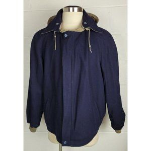Vtg Lakeland Blue Wool‎ Khaki Reversible Bomber Jacket Coat w. Removable Hood 48